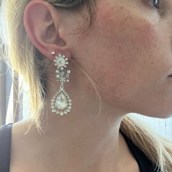 Teardrop Floral Crystal Statement Earrings - Clip-On + Post Back - Picture 1 of 10